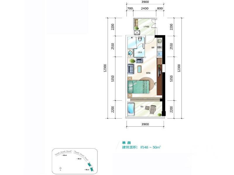 莱蒙水榭湾1室1厅1卫50㎡户型图