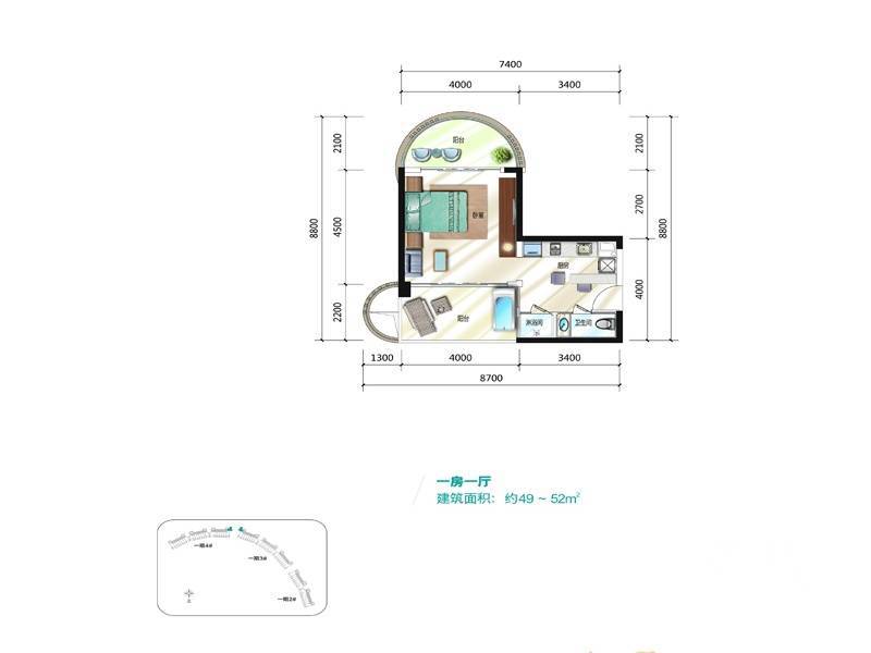 莱蒙水榭湾1室1厅1卫52㎡户型图