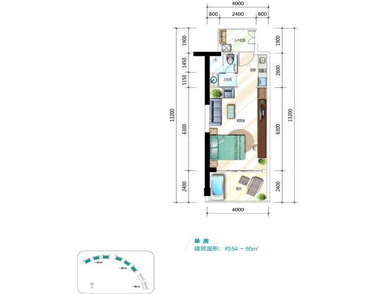 莱蒙水榭湾1室1厅1卫55㎡户型图