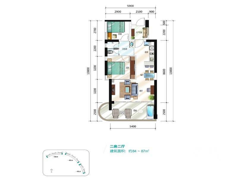 莱蒙水榭湾2室2厅1卫87㎡户型图