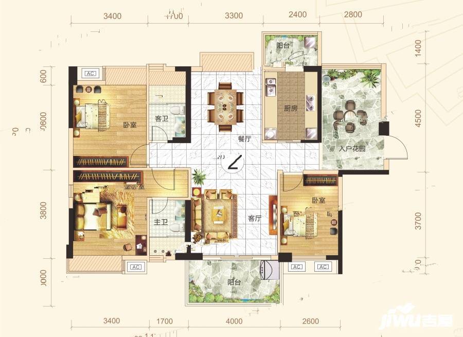 榕城华庭富康居3室2厅2卫127㎡户型图