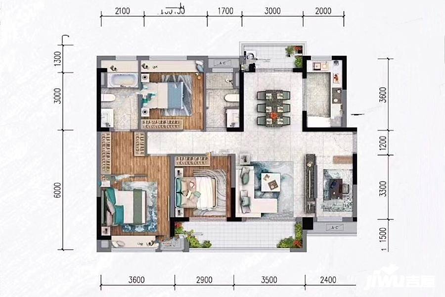 新城金樾江南3室2厅2卫123㎡户型图