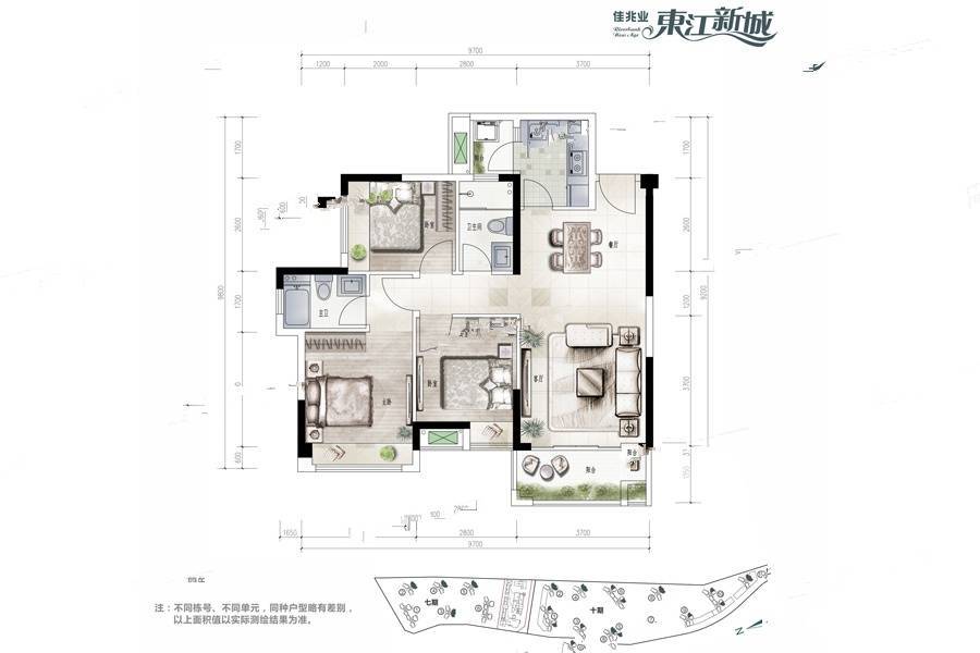 佳兆业东江新城3室2厅2卫92㎡户型图