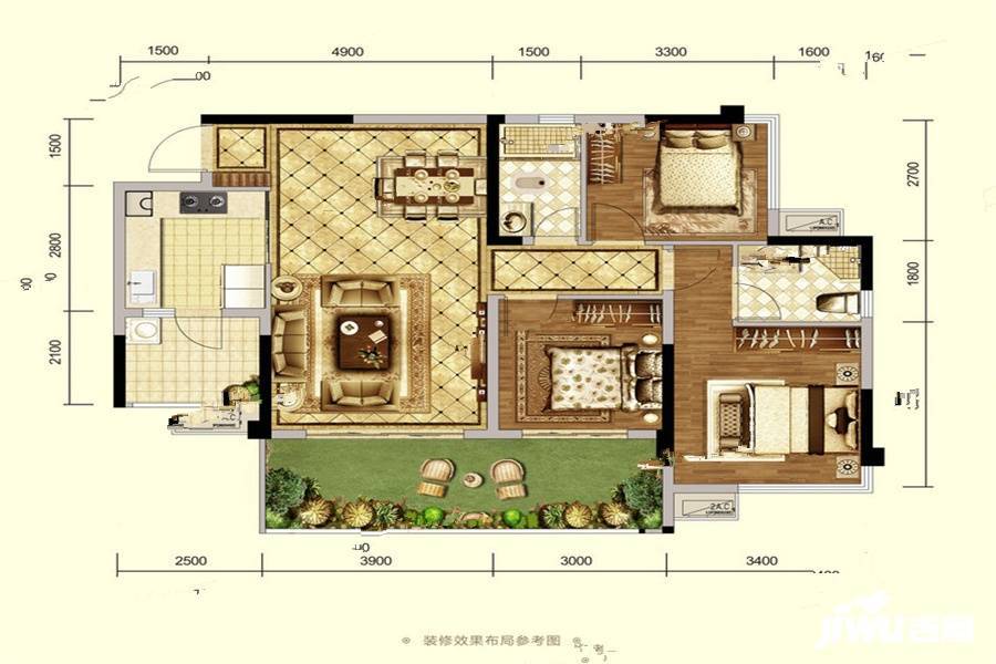 大渡河府3室2厅2卫100㎡户型图