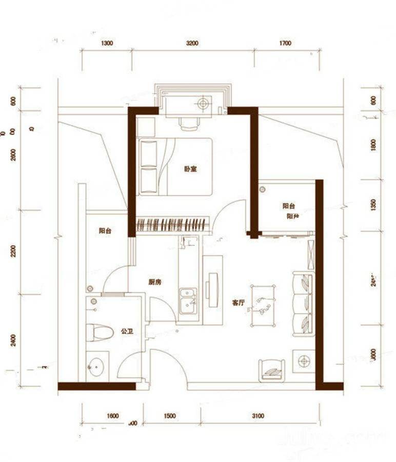 新城世纪1室1厅1卫50㎡户型图