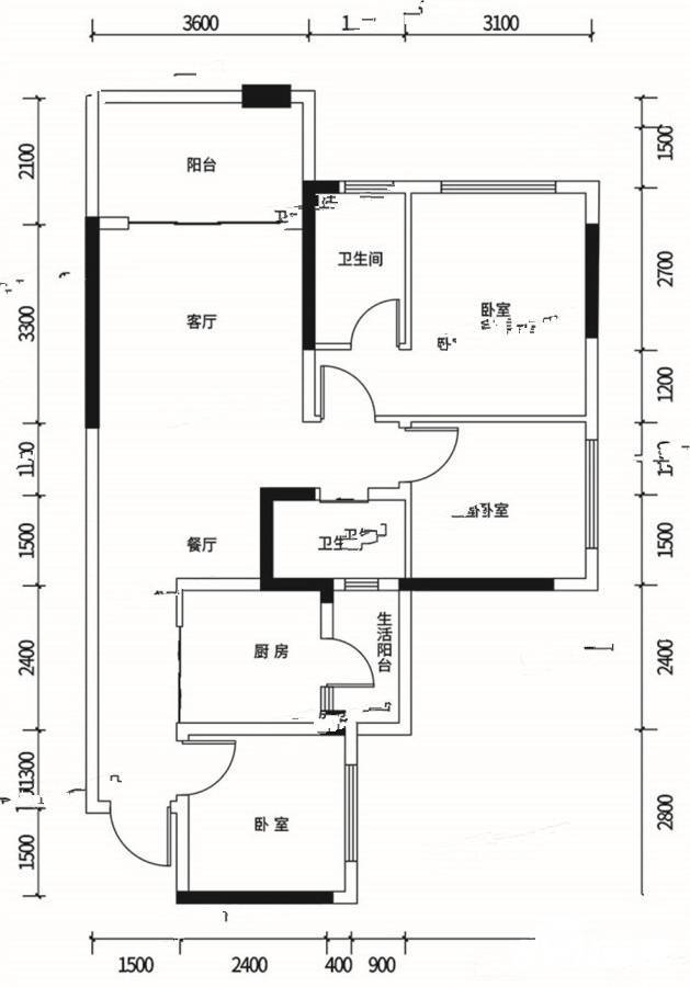 阳光君悦府3室2厅2卫86.6㎡户型图