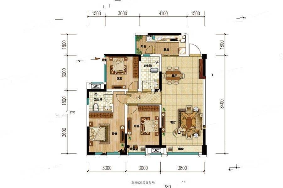 南湖世家3室2厅2卫88.9㎡户型图