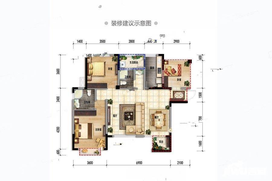 华府19183室2厅2卫107㎡户型图