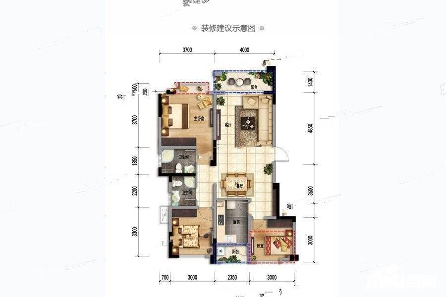 华府19183室2厅2卫99㎡户型图