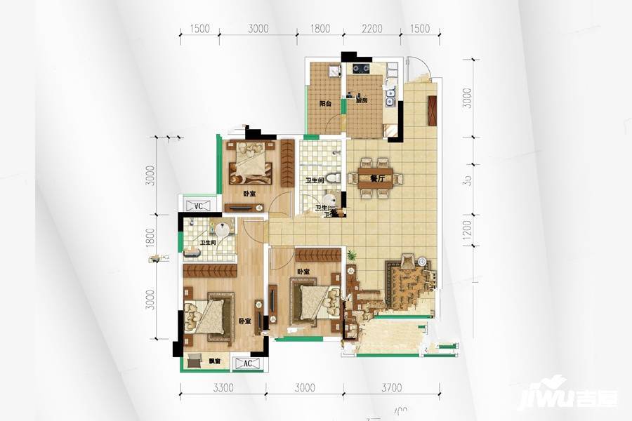 南湖别院C区3室2厅2卫90.5㎡户型图