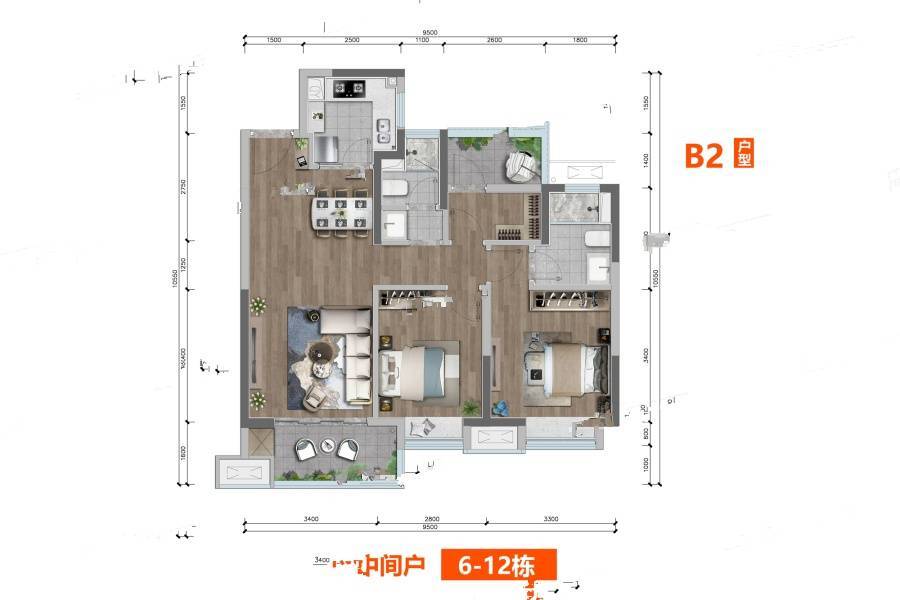 颐和天樾花园2室2厅2卫95㎡户型图