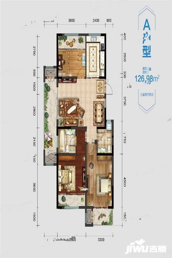 梧桐学府3室2厅2卫127㎡户型图