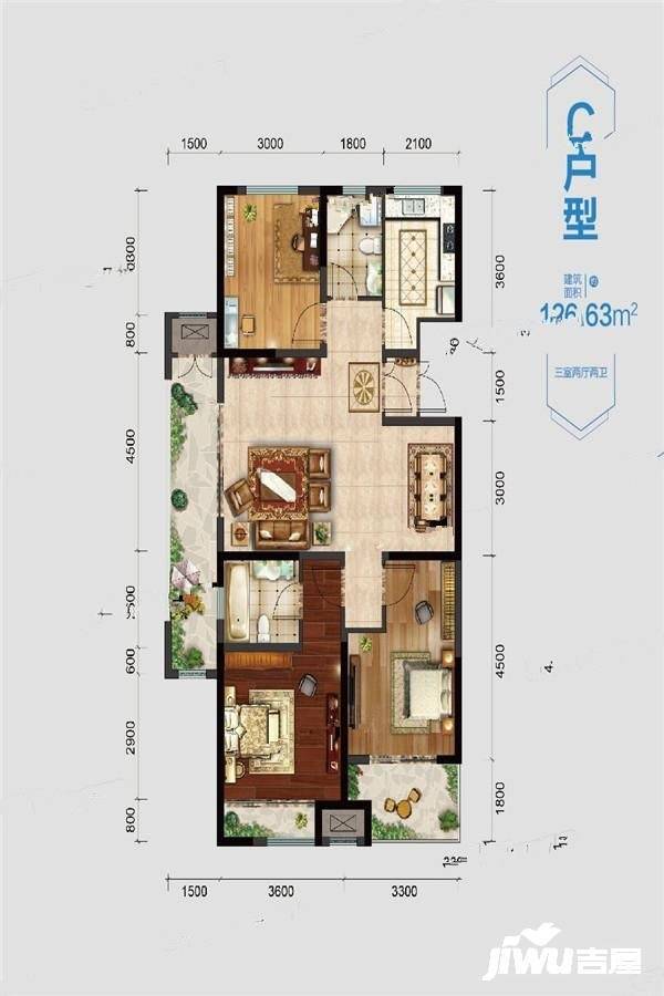 梧桐学府3室2厅2卫126.6㎡户型图