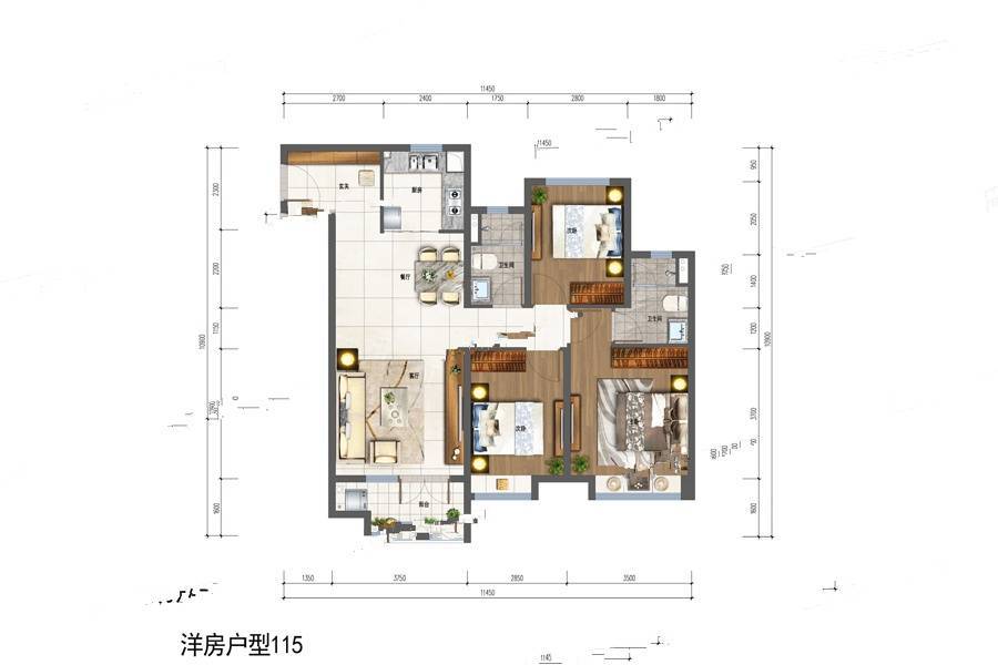 雅居乐冠军体育小镇3室2厅2卫115㎡户型图