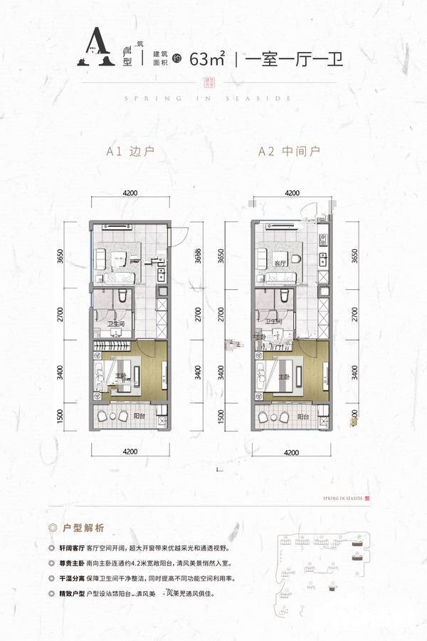 威海春风海岸1室1厅1卫63㎡户型图