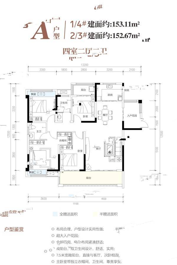 宝基壹方玖誉4室2厅2卫153.1㎡户型图