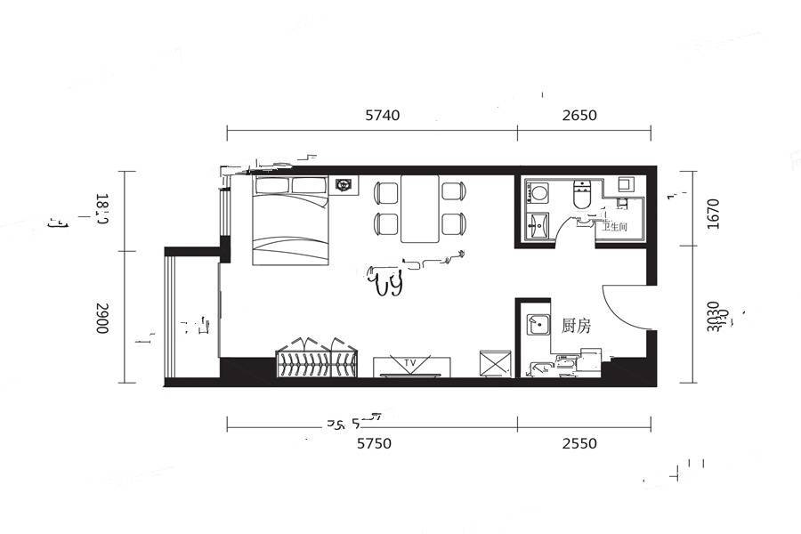 建发枫林湾公寓1室1厅1卫64.5㎡户型图