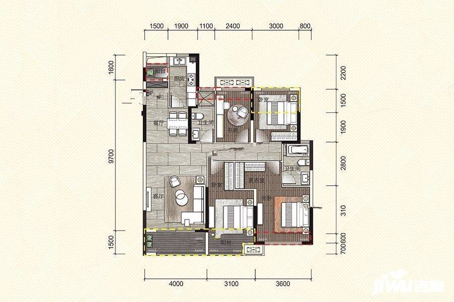 江河颐璟城4室2厅2卫129㎡户型图