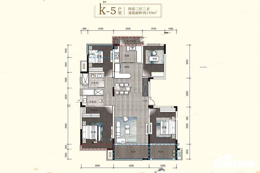 江河颐璟城4室2厅2卫143㎡户型图