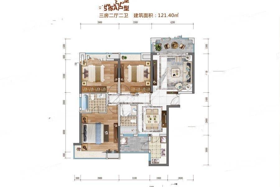 佳汇华庭三期3室2厅2卫121.4㎡户型图