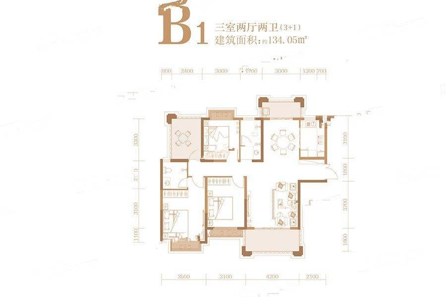 荣湖城3室2厅2卫134.1㎡户型图