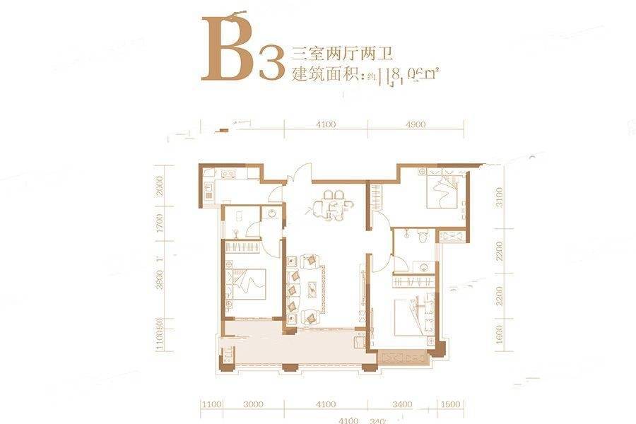 荣湖城3室2厅2卫118.1㎡户型图