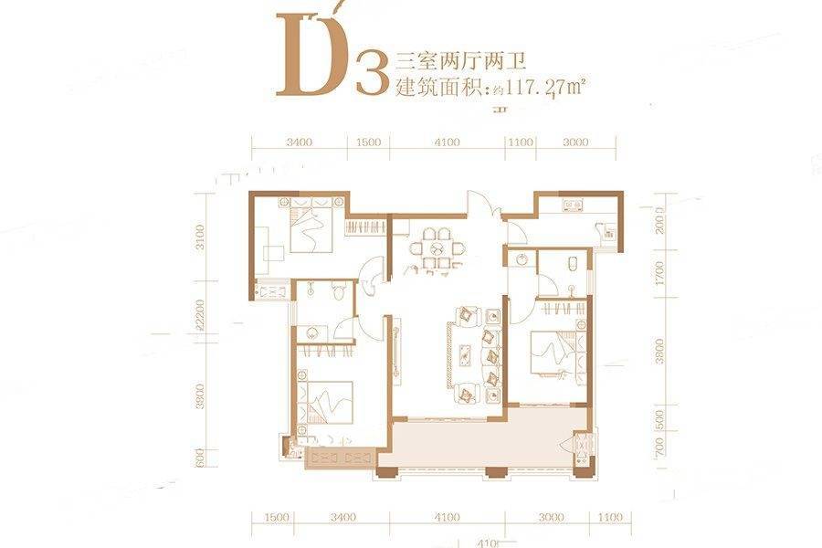 荣湖城3室2厅2卫117.3㎡户型图
