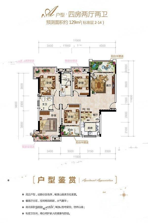 湘银天门壹号4室2厅2卫135.8㎡户型图