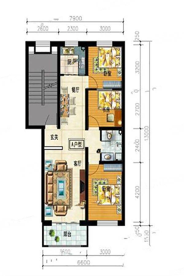 东华家园家和苑3室2厅2卫90.6㎡户型图