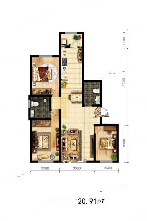 理想城3室2厅2卫120.9㎡户型图