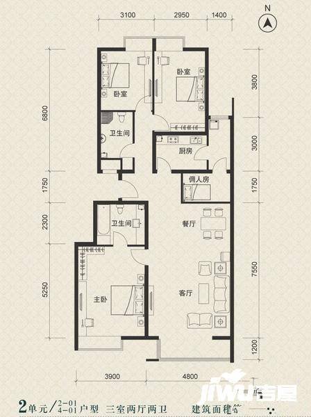 美景东方公寓3室2厅2卫151.6㎡户型图