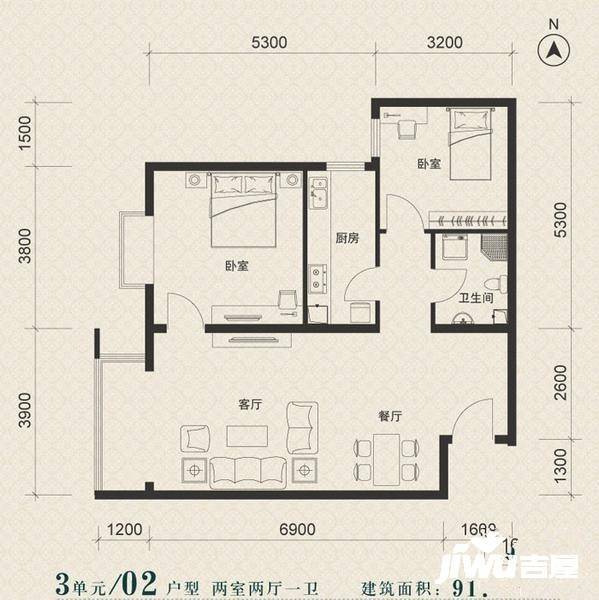 美景东方公寓2室2厅1卫91.6㎡户型图