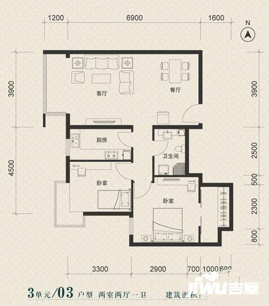 美景东方公寓2室2厅1卫89.4㎡户型图