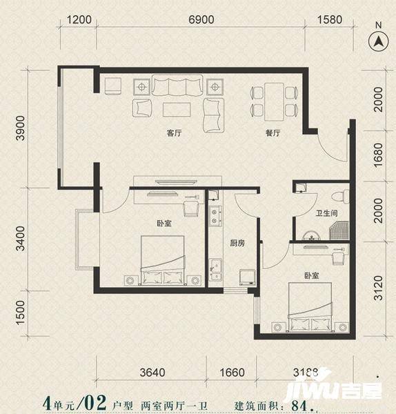 美景东方公寓2室2厅1卫84.4㎡户型图