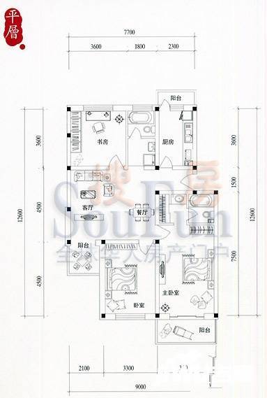 扬州水乡别墅3室2厅2卫121.8㎡户型图