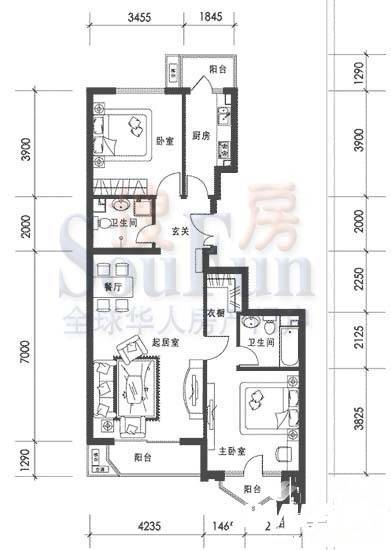 世纪东方城2室2厅1卫105.8㎡户型图