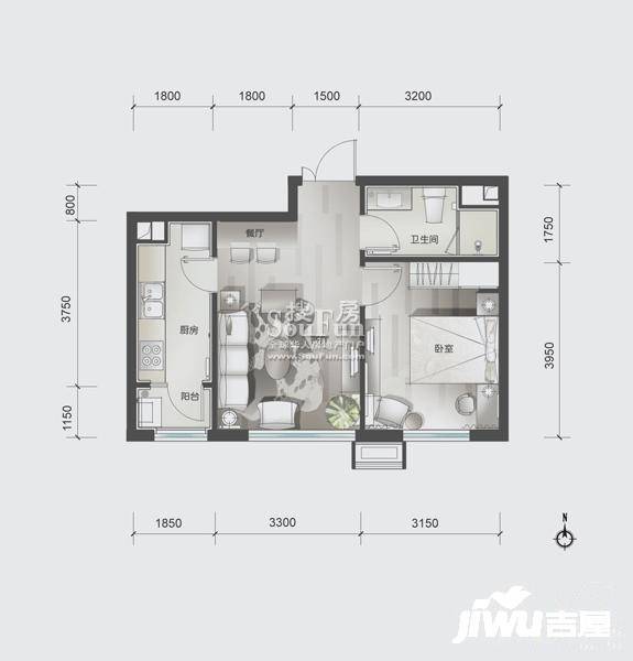 爱这城1室2厅1卫60㎡户型图