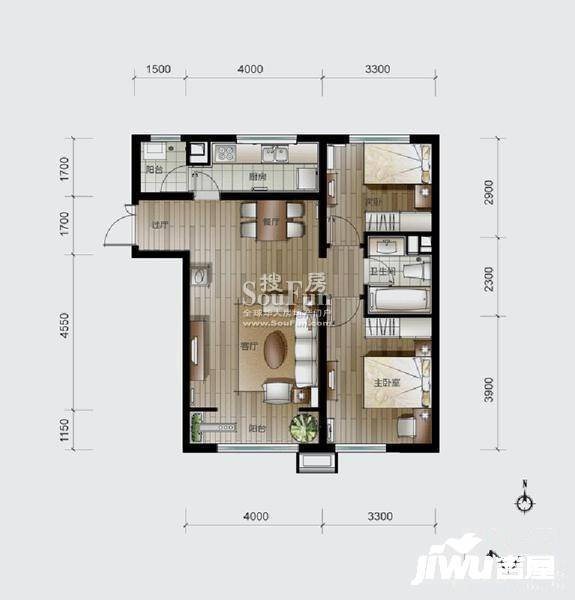 爱这城2室2厅1卫92㎡户型图