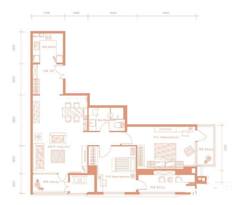 建邦·礼仕阁2室2厅2卫150㎡户型图