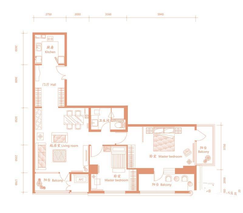 建邦·礼仕阁2室2厅1卫150㎡户型图