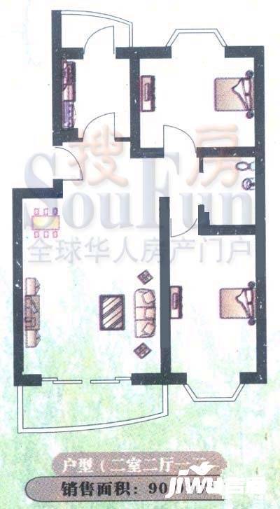 大自然新城2室2厅1卫90.1㎡户型图