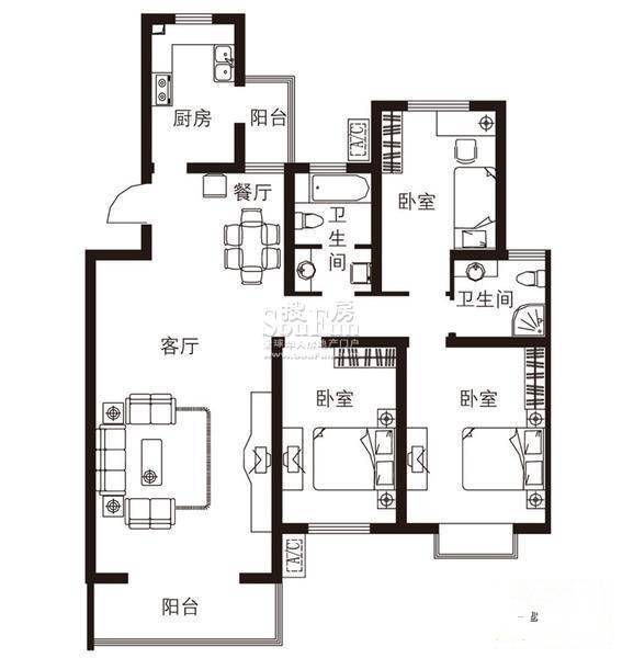 大自然新城3室2厅2卫134.9㎡户型图