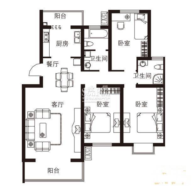 大自然新城3室2厅2卫121.9㎡户型图