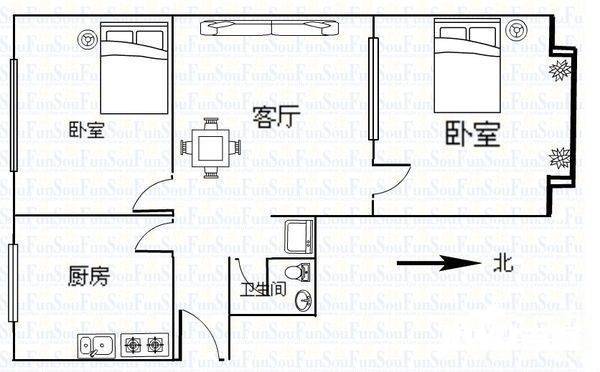 劲松南路小区2室1厅1卫75㎡户型图