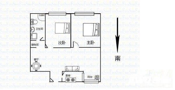 双桥温泉北里2室2厅1卫92㎡户型图