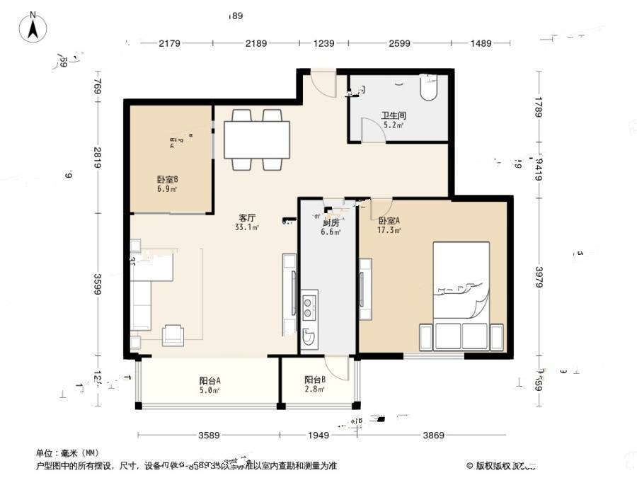 拂林园2室1厅1卫93.5㎡户型图