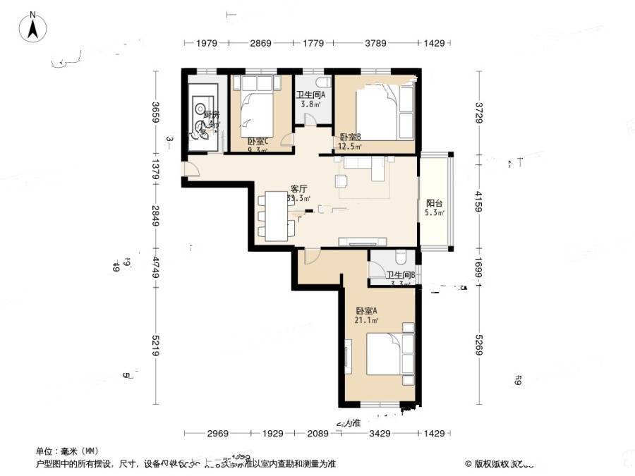 拂林园3室1厅2卫142.9㎡户型图