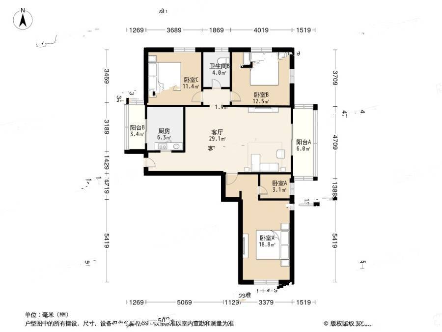 拂林园3室1厅2卫150㎡户型图