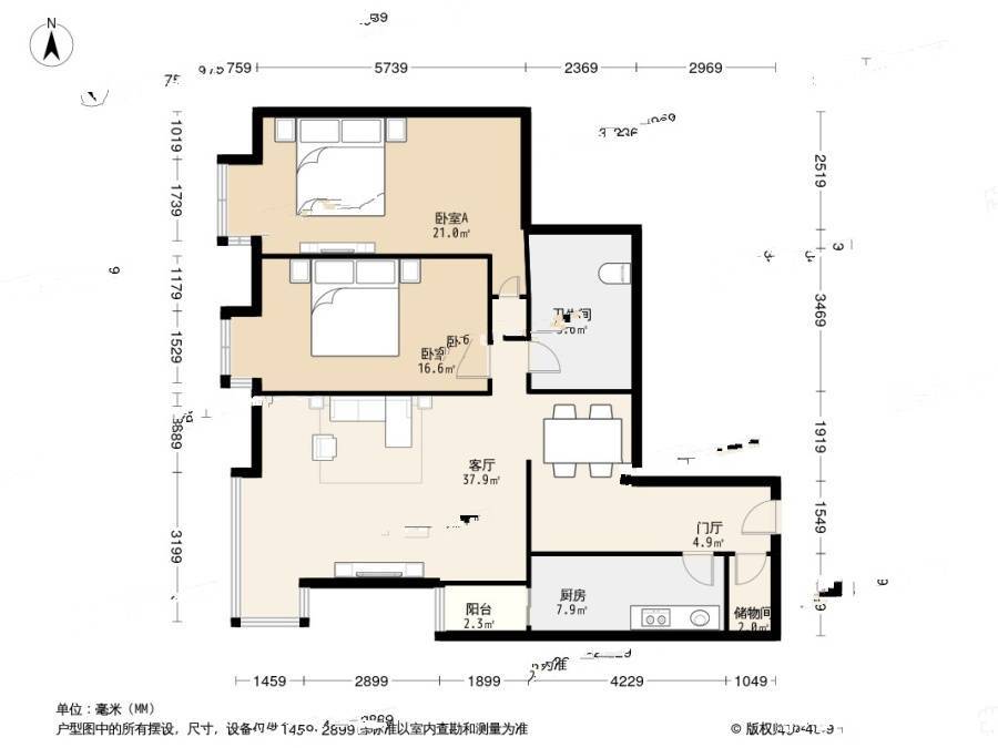 拂林园2室1厅1卫125.5㎡户型图