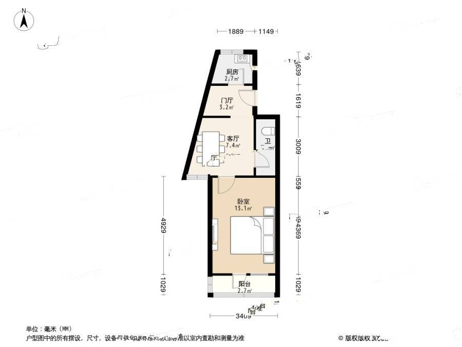 石佛营西里1室1厅1卫58㎡户型图